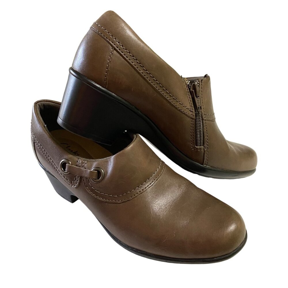 Clarks Genette Danby Chunky Heel Side Zip Shoes Womens Size 8 Brown‎ Academia